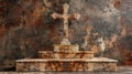 A cross is on a stone platform in front of a wall Royalty Free Stock Photo