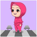 Cross the street. cute Muslim children`s cartoon. cartoon Children`s daily fun activity. Vector Female Cartoon Character.