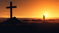 Cross in sunset and lone silhouetted person praying