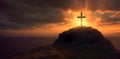 Cross at top of hill mountain with sunset ray dawn. glowing end clouds skies landscape. Christian religious Royalty Free Stock Photo