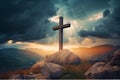 Cross at top of hill mountain with sunset ray dawn. glowing end clouds skies landscape. Christian religious. generative ai Royalty Free Stock Photo