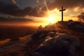 Cross at top of hill mountain with sunset ray dawn. glowing end clouds skies landscape. Christian religious. generative ai Royalty Free Stock Photo