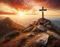 Cross on the top of the mountain. AI generated. Royalty Free Stock Photo