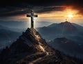 Cross on the top of the mountain. AI generated. Royalty Free Stock Photo