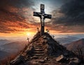 Cross on the top of the mountain. AI generated. Royalty Free Stock Photo