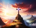 Cross on the top of the mountain. AI generated. Royalty Free Stock Photo