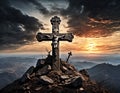 Cross on the top of the mountain. AI generated. Royalty Free Stock Photo