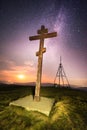 Cross on top of the mountain and stars Royalty Free Stock Photo