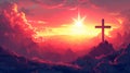 A cross is on top of a mountain with the sun setting behind it, AI Royalty Free Stock Photo