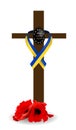 Cross with Ukrainian ribbon. Blue yellow color. Red poppies as a symbol of sorrow and memory of the dead. Vector illustration