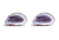 Cross-view stereo photography of Agate geode with quartz crystals on white background.