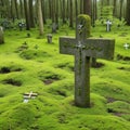 The cross was placed in a grave in a quiet, green forest.generative ai Royalty Free Stock Photo