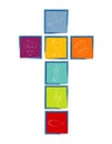Cross With White Christian Symbols. Cross Formed By Colored Squares With Blue Frame. Religious Sign