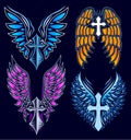 Cross and Wings vector set, Heraldry Tattoo Style elements. Royalty Free Stock Photo