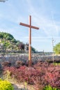 Cross of World Youth Day. Cross next to Statue of Christ the King.