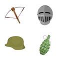 Crossbow, medieval helmet, soldier`s helmet, hand grenade. Weapons set collection icons in cartoon style vector symbol