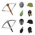 Crossbow, medieval helmet, soldier`s helmet, hand grenade. Weapons set collection icons in cartoon,black style vector