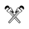 Crossed Adjustable Pipe Wrench or Monkey Wrench Retro Black and White Royalty Free Stock Photo