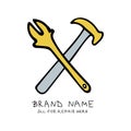 Crossed adjustable wrench and hammer logo in trendy colors. Template for advertising a construction store. Vector