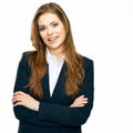 Crossed arms . business portrait of smiling woman. white backgr Royalty Free Stock Photo