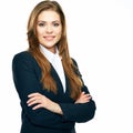 Crossed arms . business portrait of smiling woman. white backgr Royalty Free Stock Photo