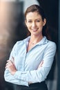 Crossed arms, happy and portrait of business woman in city for working, career and job. Professional worker, corporate Royalty Free Stock Photo