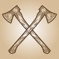 Crossed axes engraving sketch scratch board imitation. Sepia hand drawn image.