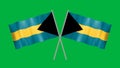 Crossed Bahamas flag in smooth waving fabric isolated on green screen. Royalty Free Stock Photo