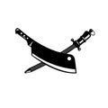 Crossed Butcher Knife Meat Cleaver and Sharpener Steel Rod Retro Woodcut Black and White