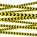 Crossed caution tape set. Yellow and black warning stripes. Repeated construction, hazard, danger sellotapes