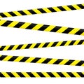 Crossed caution tape set. Yellow and black warning stripes. Repeating construction, hazard, danger sellotapes