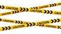 Crossed caution tapes. Yellow and black warning stripes. Construction, hazard, danger sellotape. Restriction and