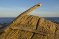 Crossed driftwood logs on glacial boulder, Hammonasset Beach, Ma Royalty Free Stock Photo