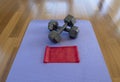 Crossed Dumbbells and Exercise band on a Yoga Mat for a Home workout