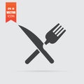 Crossed fork and knife icon in flat style isolated on grey background