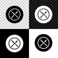 Crossed fork and knife on plate icon isolated on black, white and transparent background. Restaurant symbol. Vector Royalty Free Stock Photo