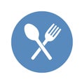 Crossed fork and spoon icon placed in a blue circle. Restaurant, cafe symbol