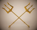 Crossed gold tridents on reflective surface. 3D illustration Royalty Free Stock Photo