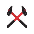 Crossed hammers symbol. Red crossed carpenter hammers. Black hammer with red handle, tool for repair, maintenance, carpentry and