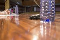 Crossed hand of speaker over table with no people at conference hall Royalty Free Stock Photo