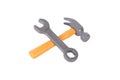 Crossed isolated hammer and spanner on white