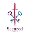 Crossed keys and dagger vector symbol emblem, turnkeys and sword, protected secrets, secured power.