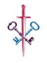 Crossed keys and dagger vector symbol emblem, turnkeys and sword, protected secrets, secured power.