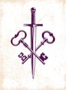 Crossed keys and dagger vector symbol emblem, turnkeys and sword, protected secrets, secured power. Royalty Free Stock Photo