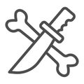 Crossed knife and bone line icon, halloween concept, dagger and bone sign on white background, killer icon in outline