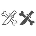 Crossed knife and bone line and solid icon, halloween concept, dagger and bone sign on white background, killer icon in