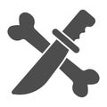 Crossed knife and bone solid icon, halloween concept, dagger and bone sign on white background, killer icon in glyph