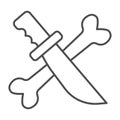 Crossed knife and bone thin line icon, halloween concept, dagger and bone sign on white background, killer icon in