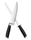 Crossed knife and sharpener, realistic 3d vector illustration. Kitchen knife and sharpening steel. Sharpener and knife isolated on Royalty Free Stock Photo