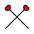 Crossed knitting needles with red hearts. Simple minimal icon and logo design. Vector illustration. Royalty Free Stock Photo